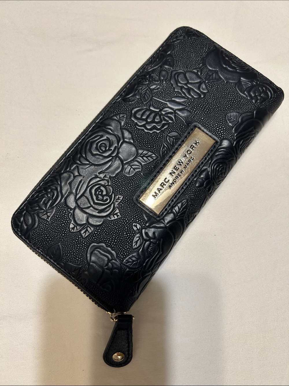Marc New York Black Floral Embossed Zip Wallet
